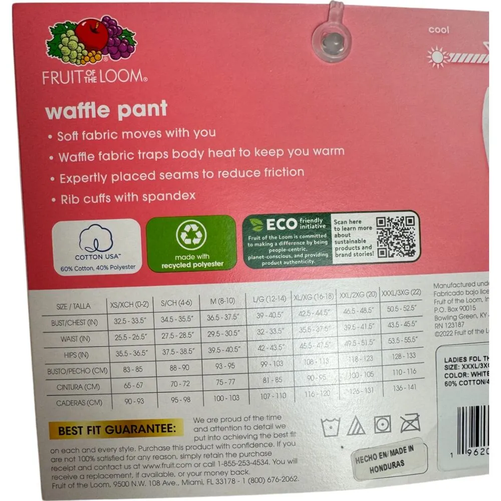 FRUIT of the LOOM Womens XXXL (22) Eversoft Waffle Thermal Bottoms Pant White - Image 5
