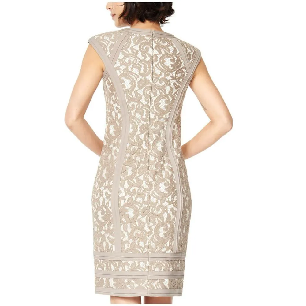 Tadashi Shoji Embroidered Lace Dress With Sheer Inserts Taupe Tan Women's Size 6 - Image 3