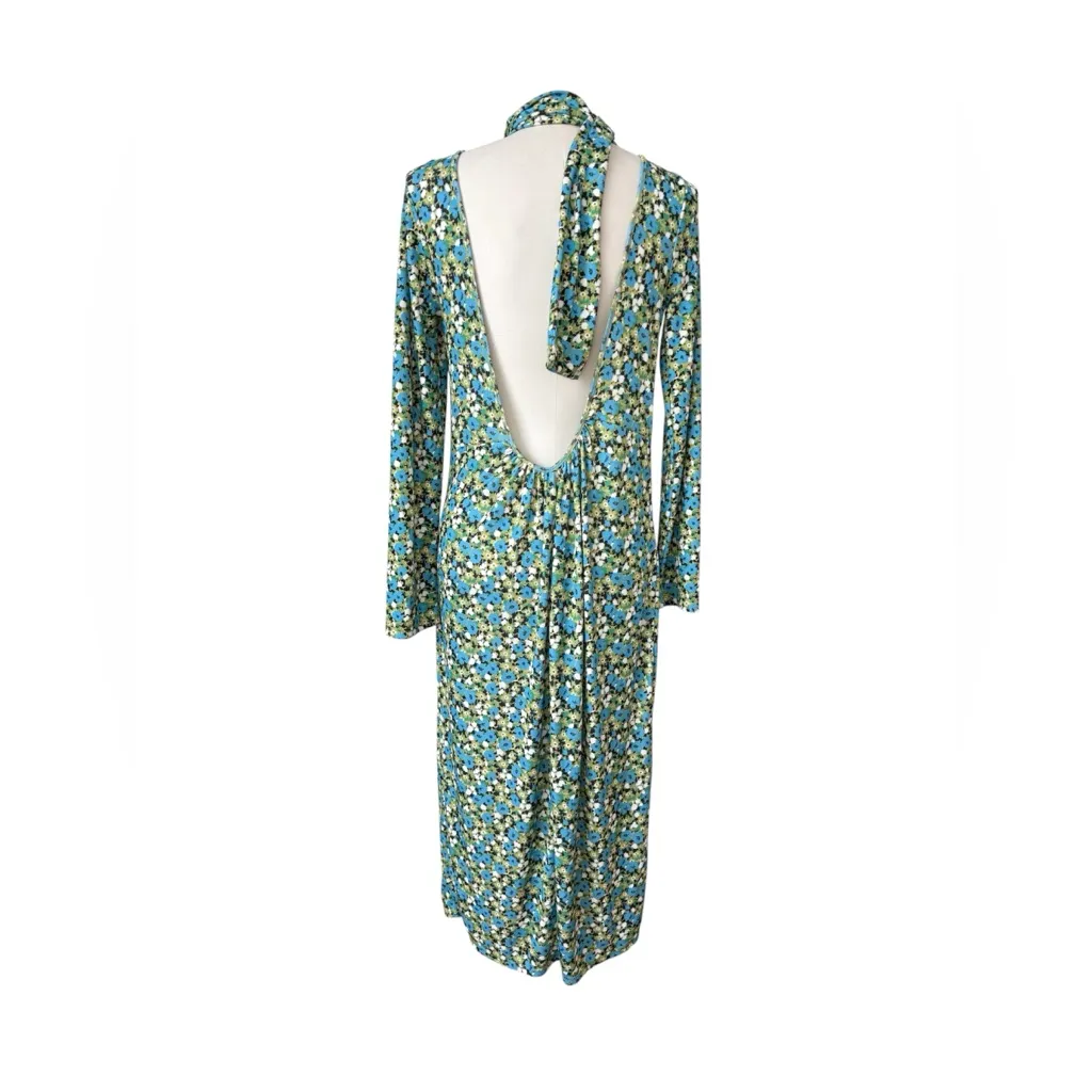 Zara Open Back High Neck Midi Length Green Floral Dress size L - Image 6