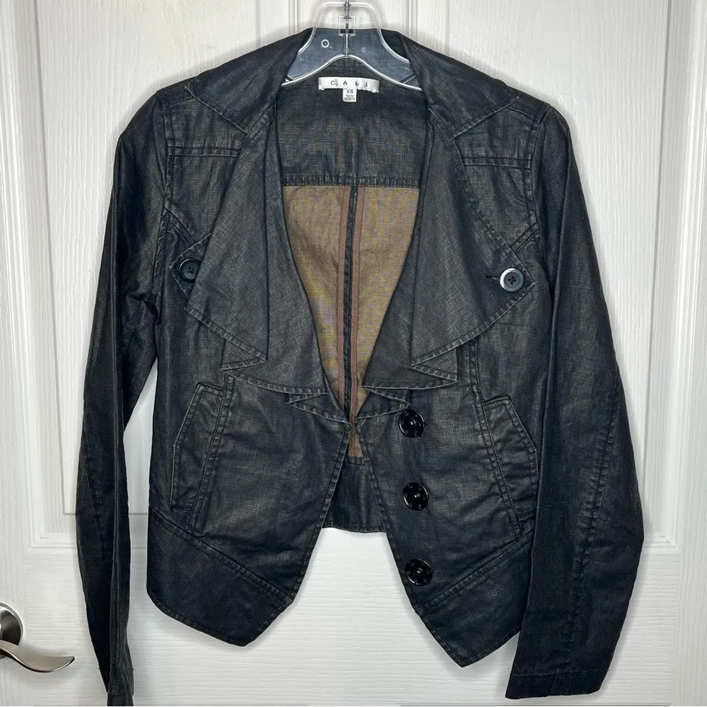 Cabi Waxed Linen Moto Jacket Sz XS Black Ruffle Collar Snap Front Style #901 - Image 14