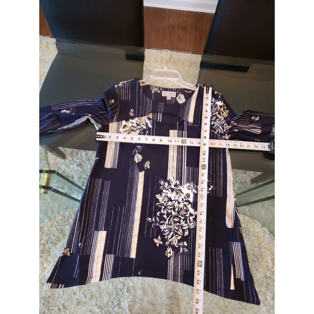 Women's JM Collection S Navy White Floral Stripe Cutout Neck Top 3/4 Sleeve - Image 11