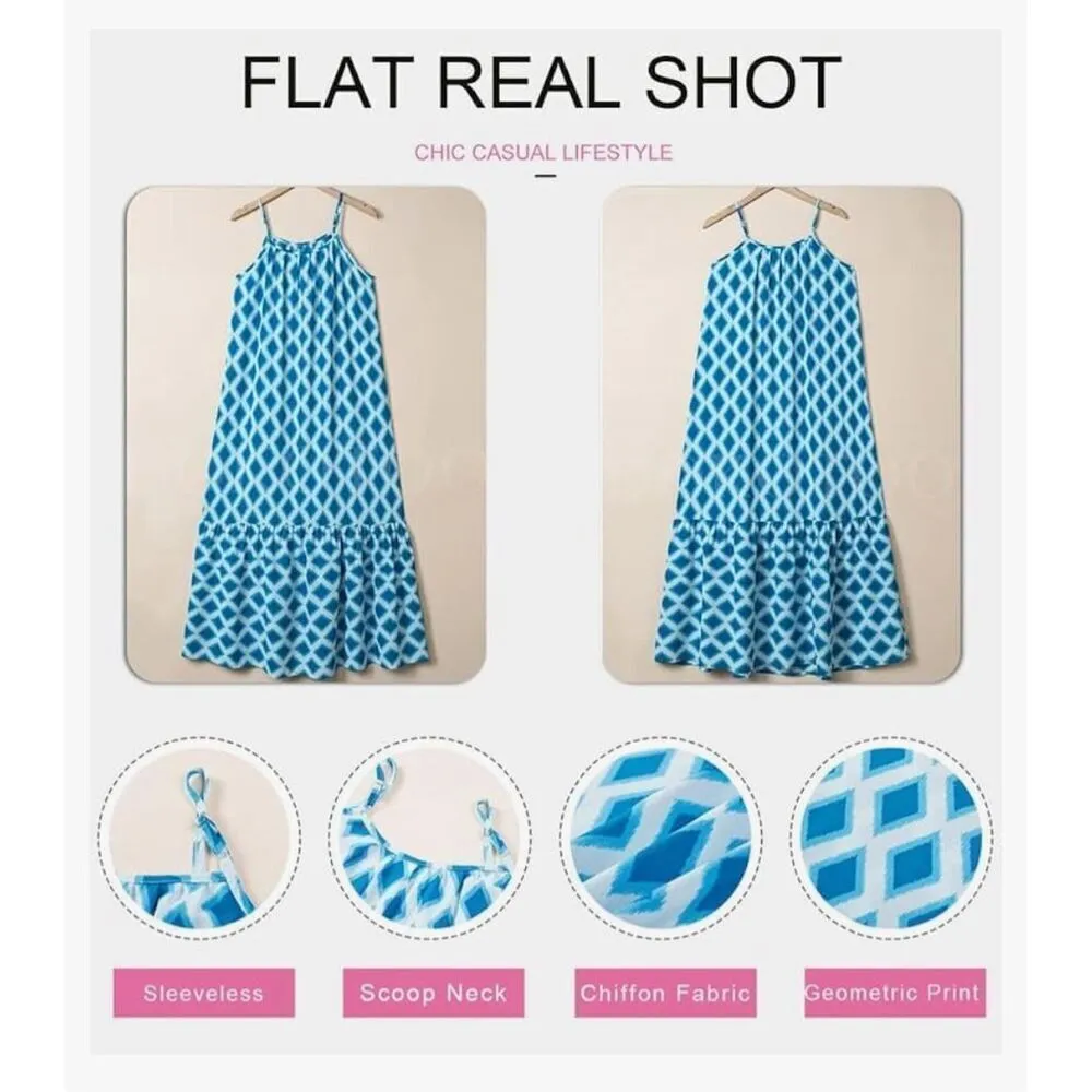 NEW Spaghetti Strap Scoop Neck Smocked Ruffle Flowy Maxi Dress S Blue - Image 2