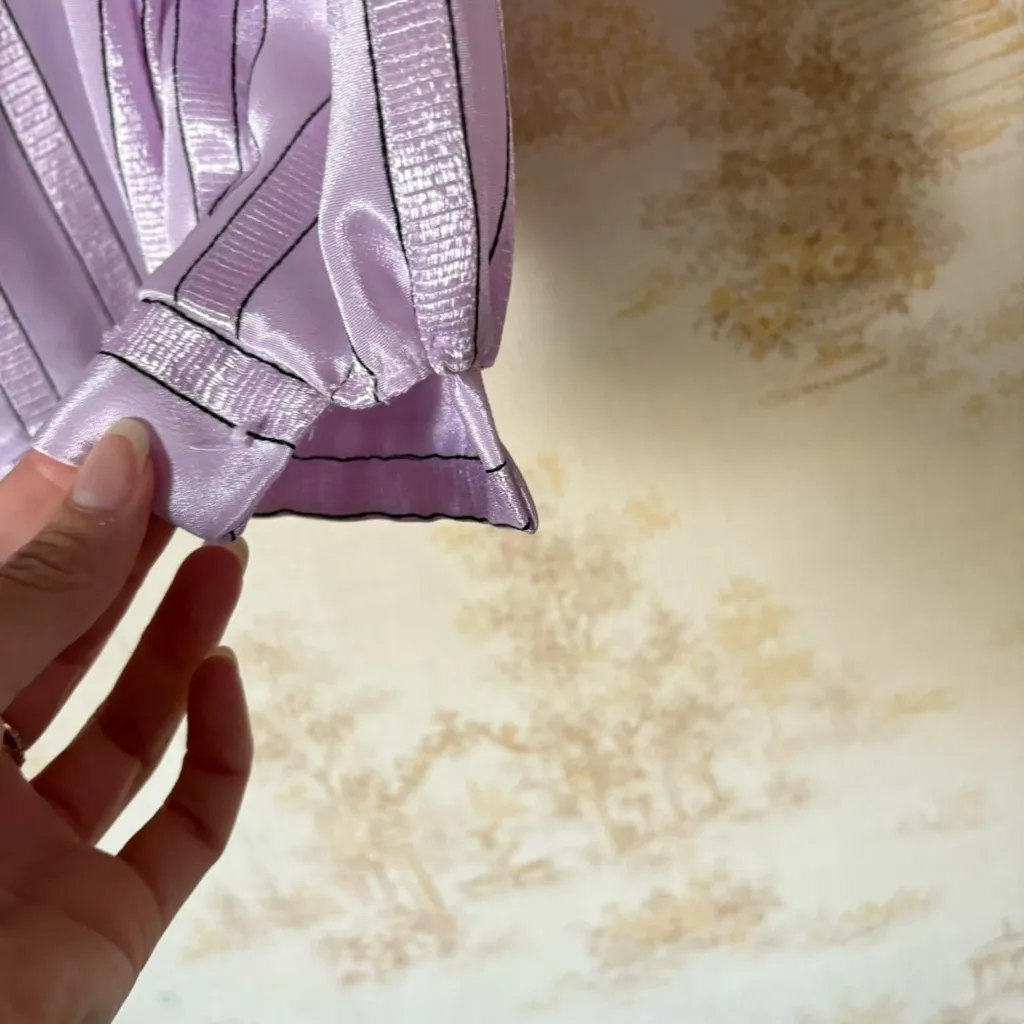 Vintage 70s 80s California Spice lilac purple stripe satin long puff sleeve top Size L - Image 6