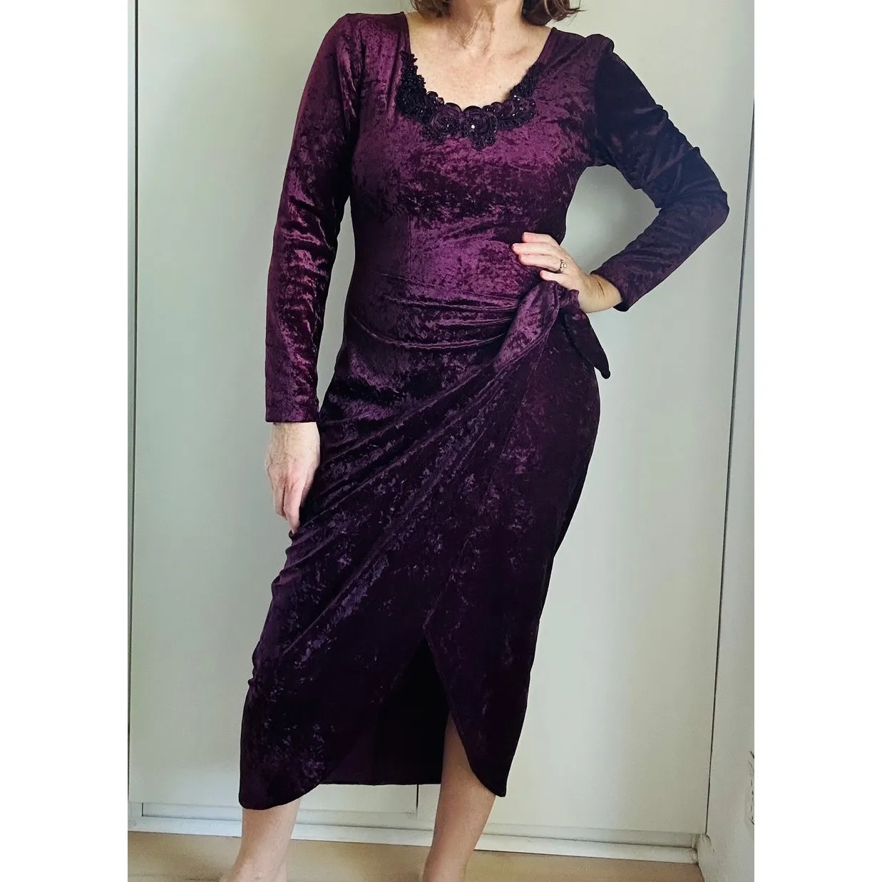 Vintage 90s Velvet Goth Midi Dress Size M Maroon Dark Romantic Witchy Size M - Image 9