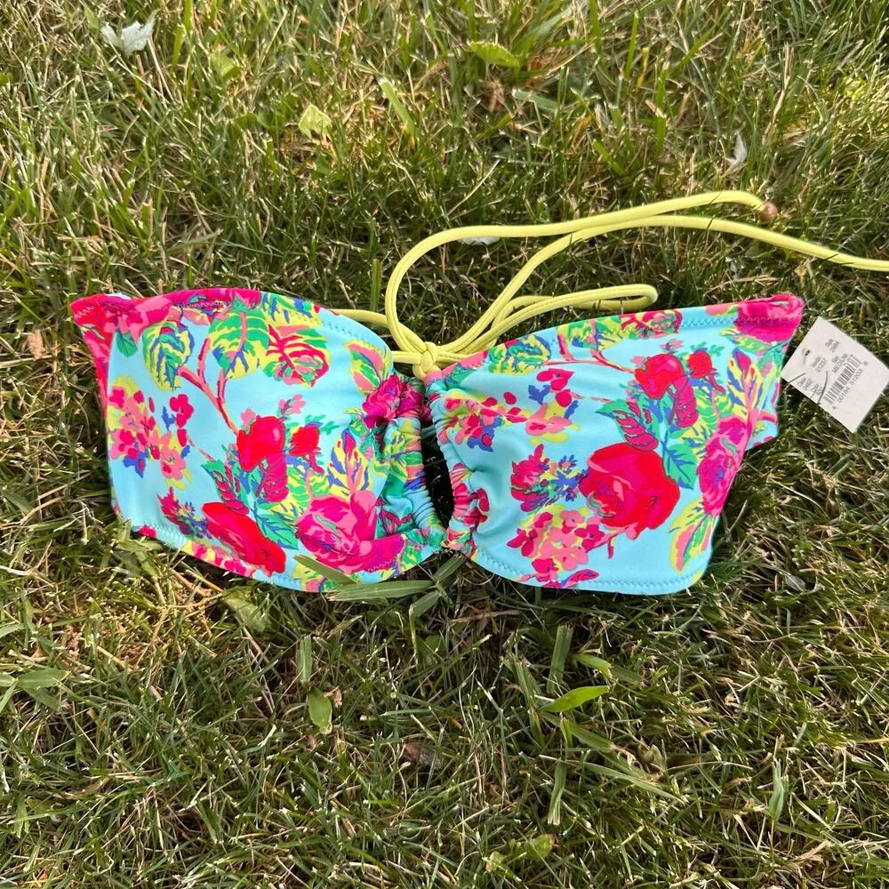 American Eagle Floral Bikini NEW Bandeau Top M Cheeky Ruffle Bottoms L Blue Pink - Image 2