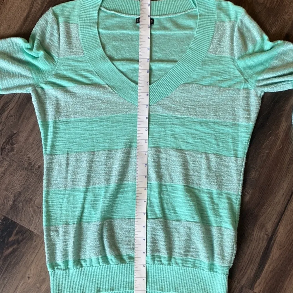 Express Mint Green Sparkle Glitter Striped V-Neck Sweater - Image 5