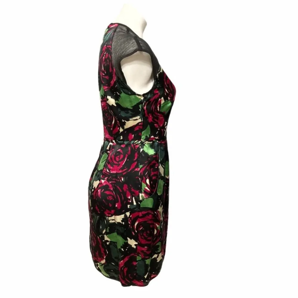 NWT  Daring Rose Silk Sheath Mini Dress Sheer Mesh Panels Floral 8 - Image 3