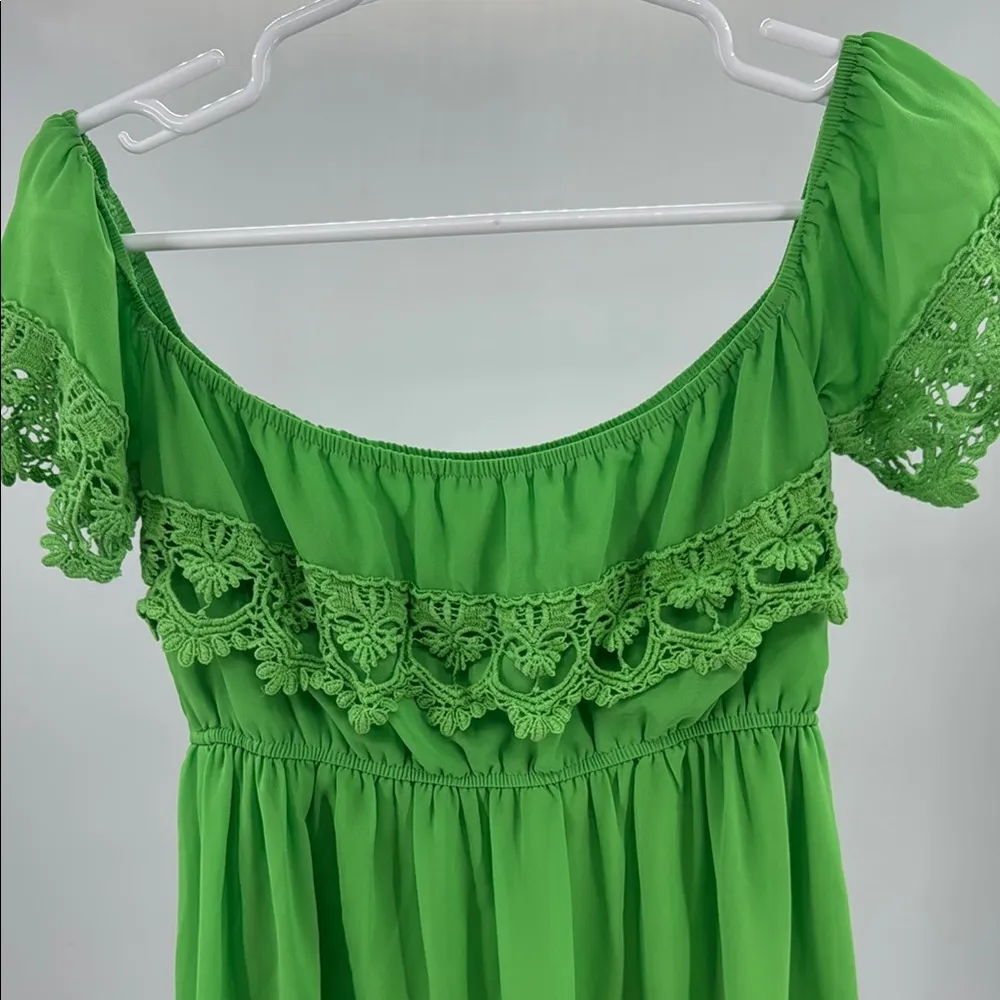 Umgee Green Mini off the shoulder lace trim detail dress M lined bright festival - Image 3