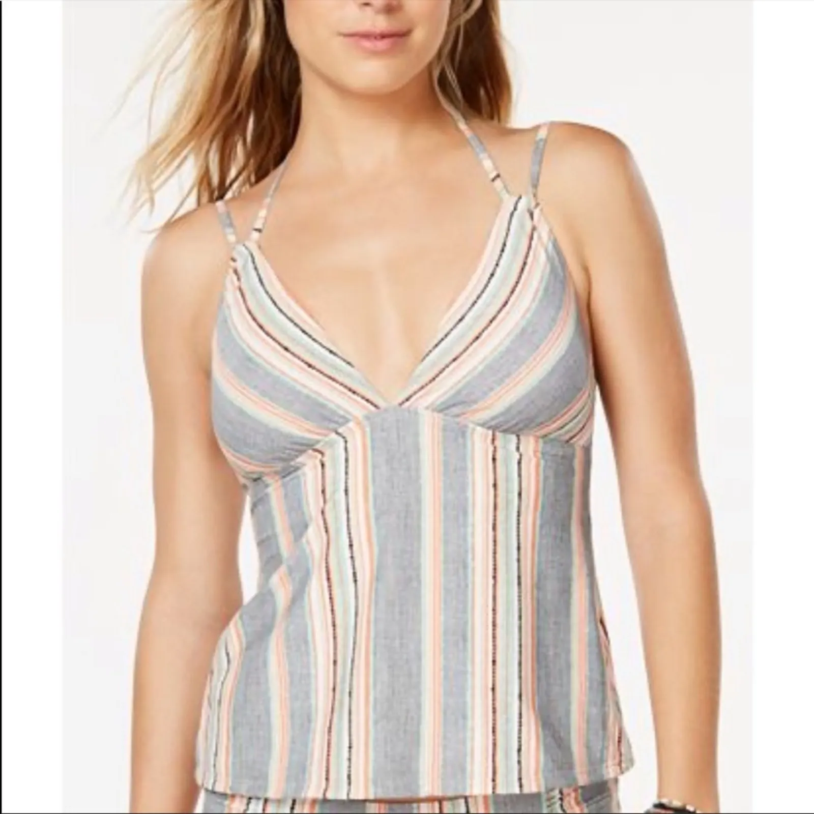 Lucky Brand Women's Gray/Black/Orange Striped Halter Tankini Swim Top sz XS - Image 2
