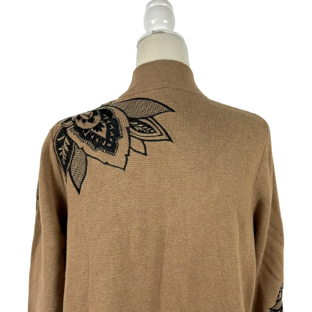 Chico's Floral Embroidered Sweater Long Duster Cardigan Jacket Tan Size Large - Image 12