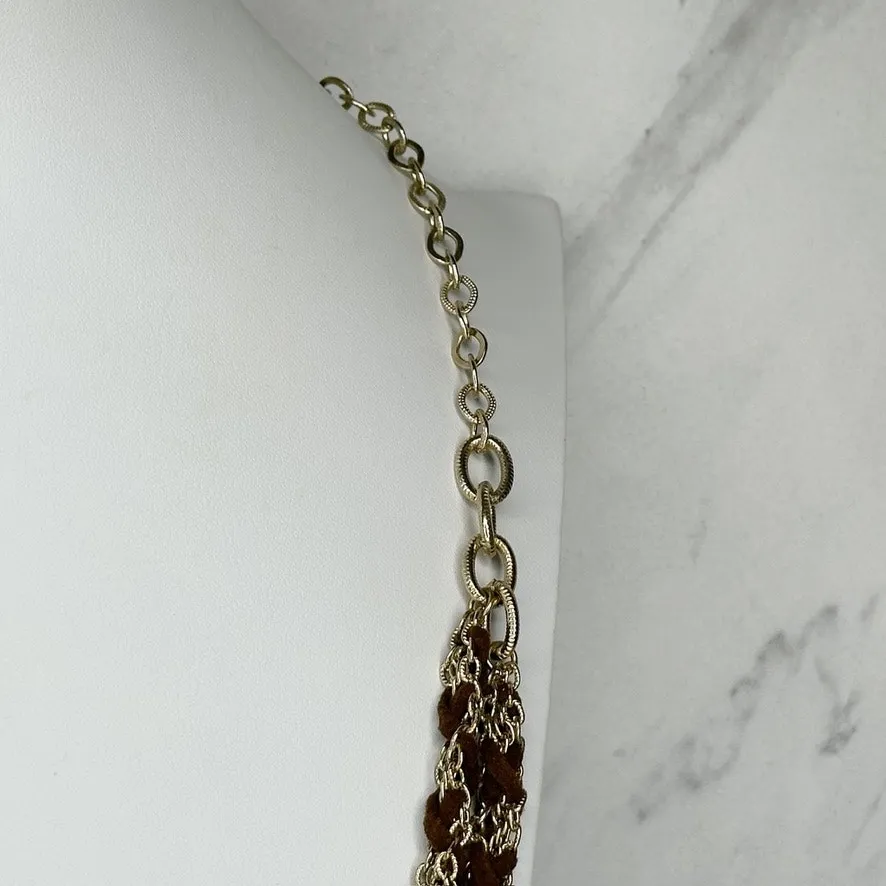 Brown Woven Draped Gold Tone Chain Link Necklace - Image 9