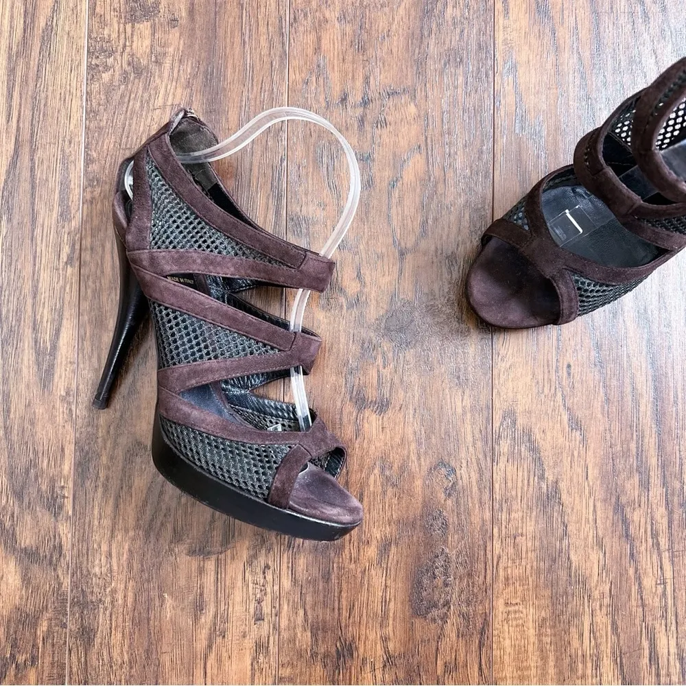 FENDI • Suede & Mesh Cage Sandals platform chocolate brown leather - Image 10