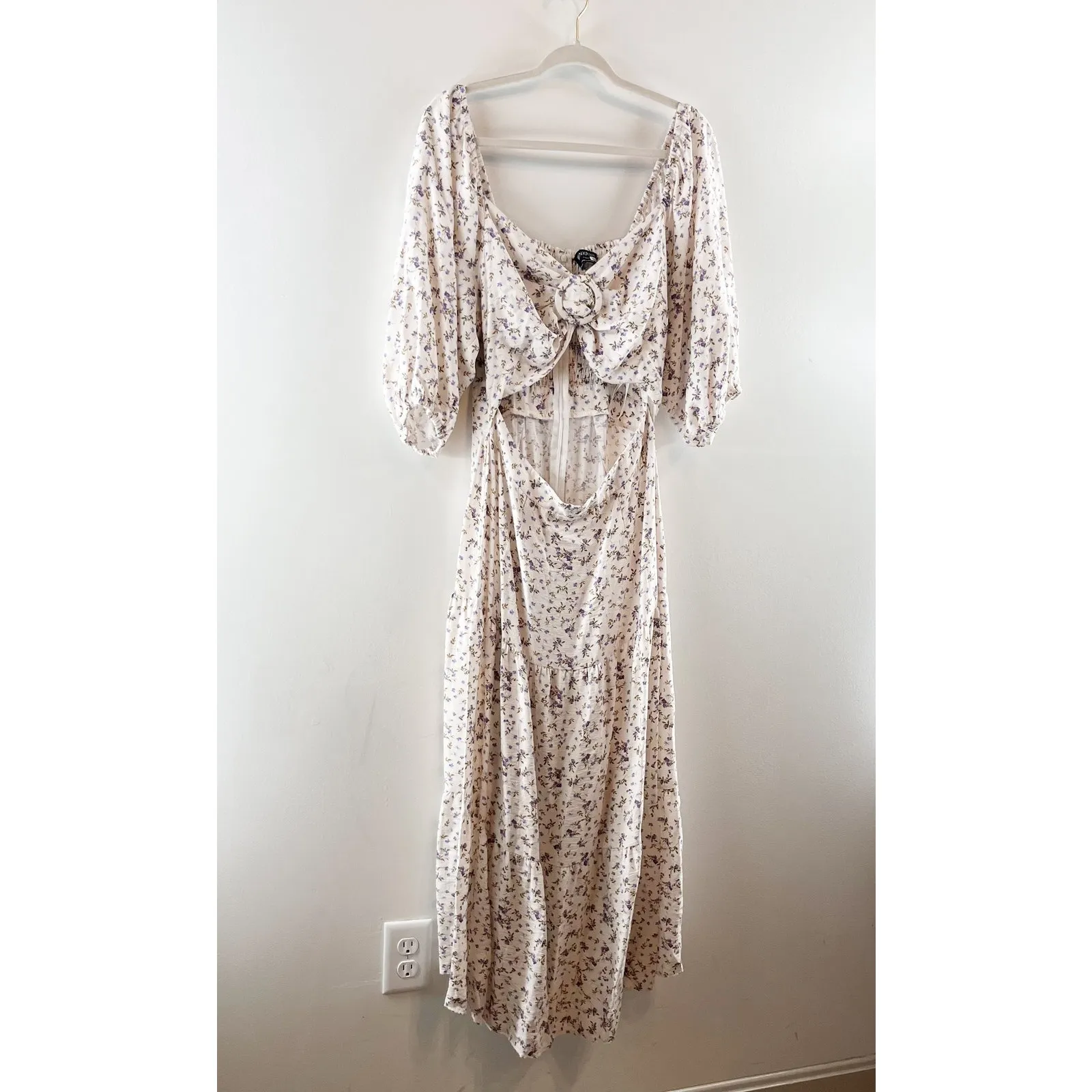 MINKPINK Hailey Floral Puff Sleeve Cutout Midi Dress White Purple XL - Image 8