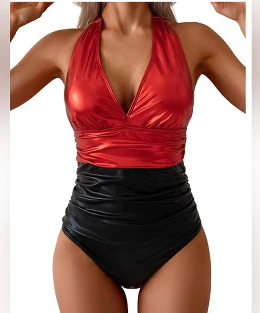 NEW 1 Piece Swimsuit Tummy Control Metallic Glitter Bathing Suit Halter M Black Size M - Image 1