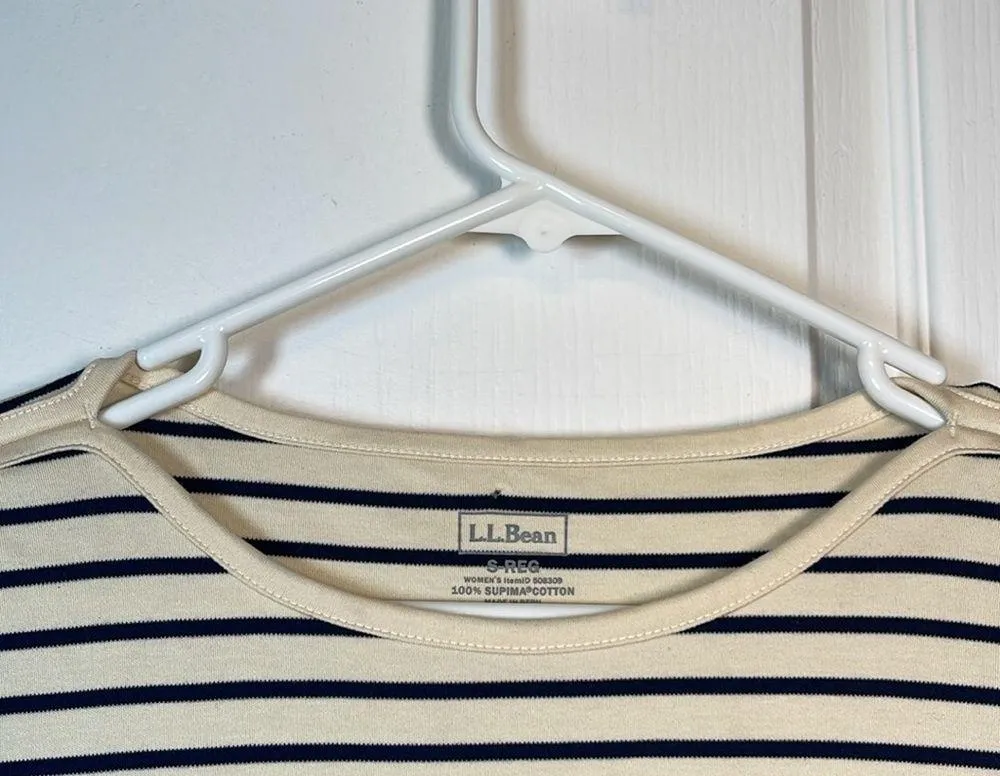 L.L.Bean Tan Navy Stripe Long Sleeve Crewneck Pullover Shirt Small EUC #1322-AZ - Image 5