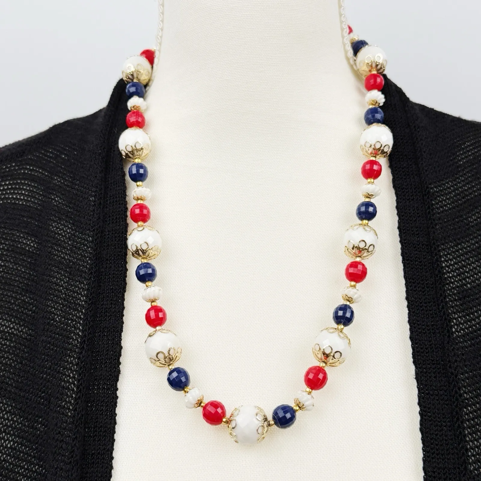 Vintage Red White Blue Beaded Necklace Gold Filigree Caps Patriotic Hong Kong - Image 2