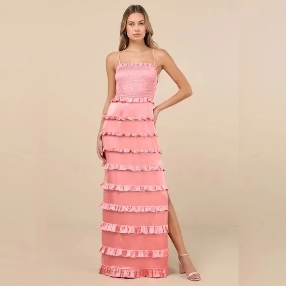 Lulus Sincerely Fabulous Peach Pink Satin Smocked Ruffled Maxi Dress Size M Size M - Image 4