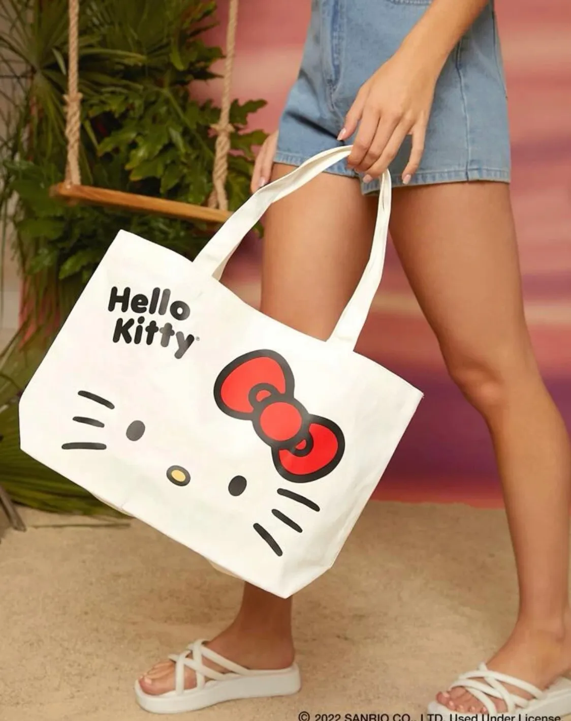 Hello Kitty canvas tote bag cartoon cute fun cream white shopping - Image 3
