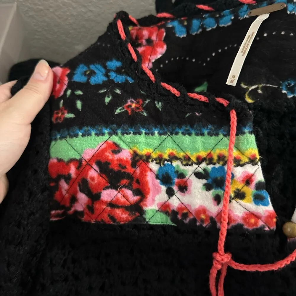 Free People Crochet Knit Floral Pullover Sweater Black Size Medium - Image 5
