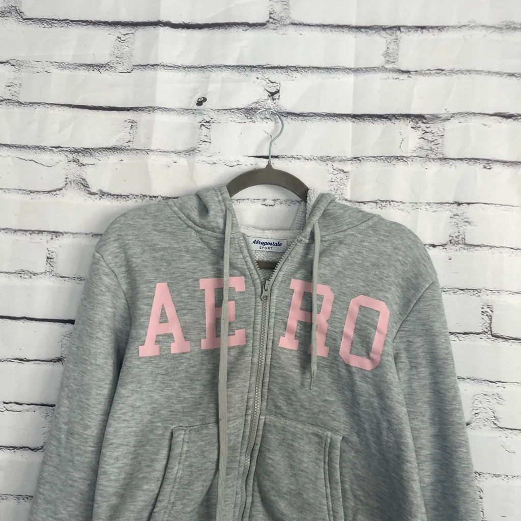 Aeropostale Sport Hoodie Women’s M Gray Sherpa Lined Zip Up Sweatshirt Pink Logo - Image 6