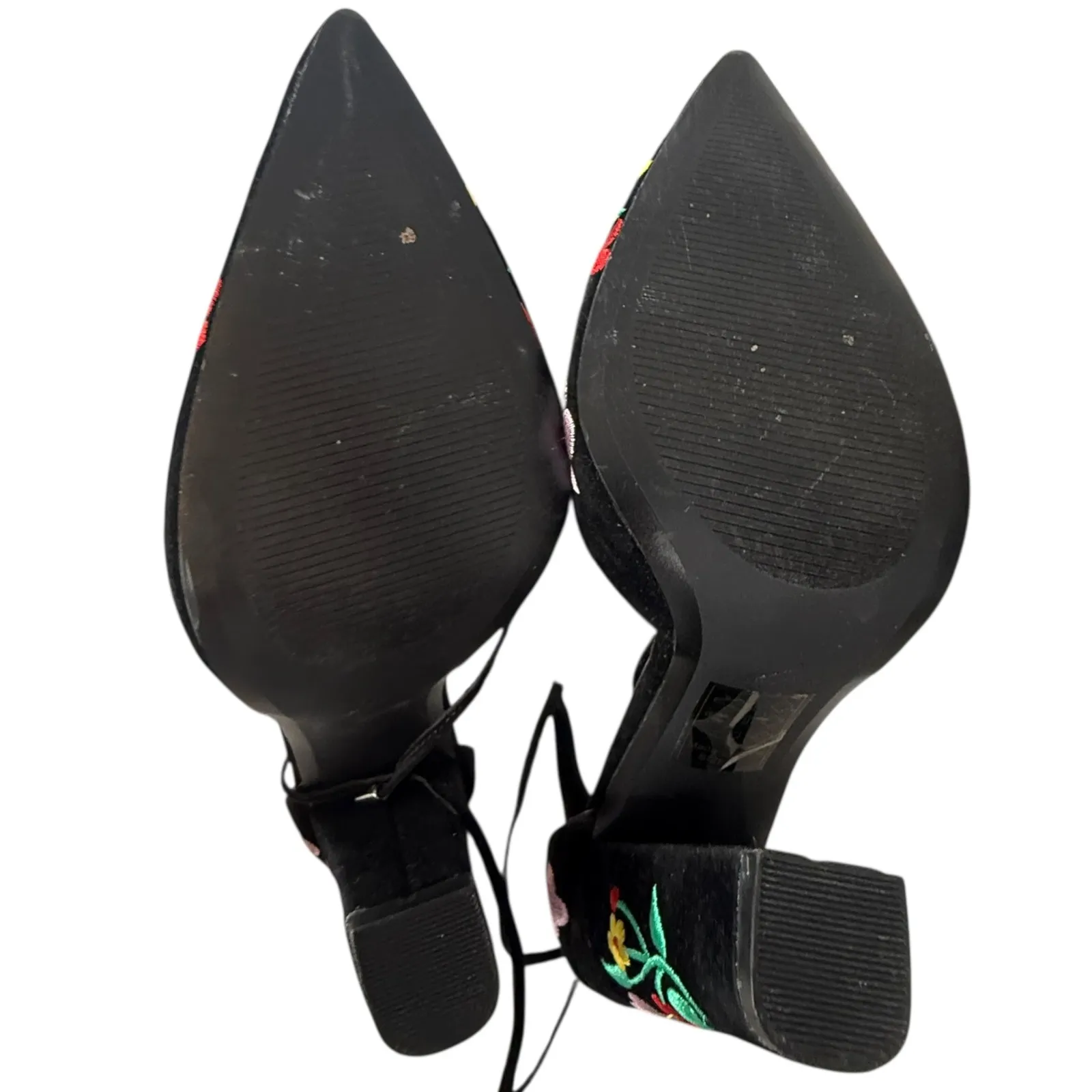 Shoe República LA Black Embroidered Floral‎ Pointed Toe Heels Tustin 9 Lace Up - Image 9