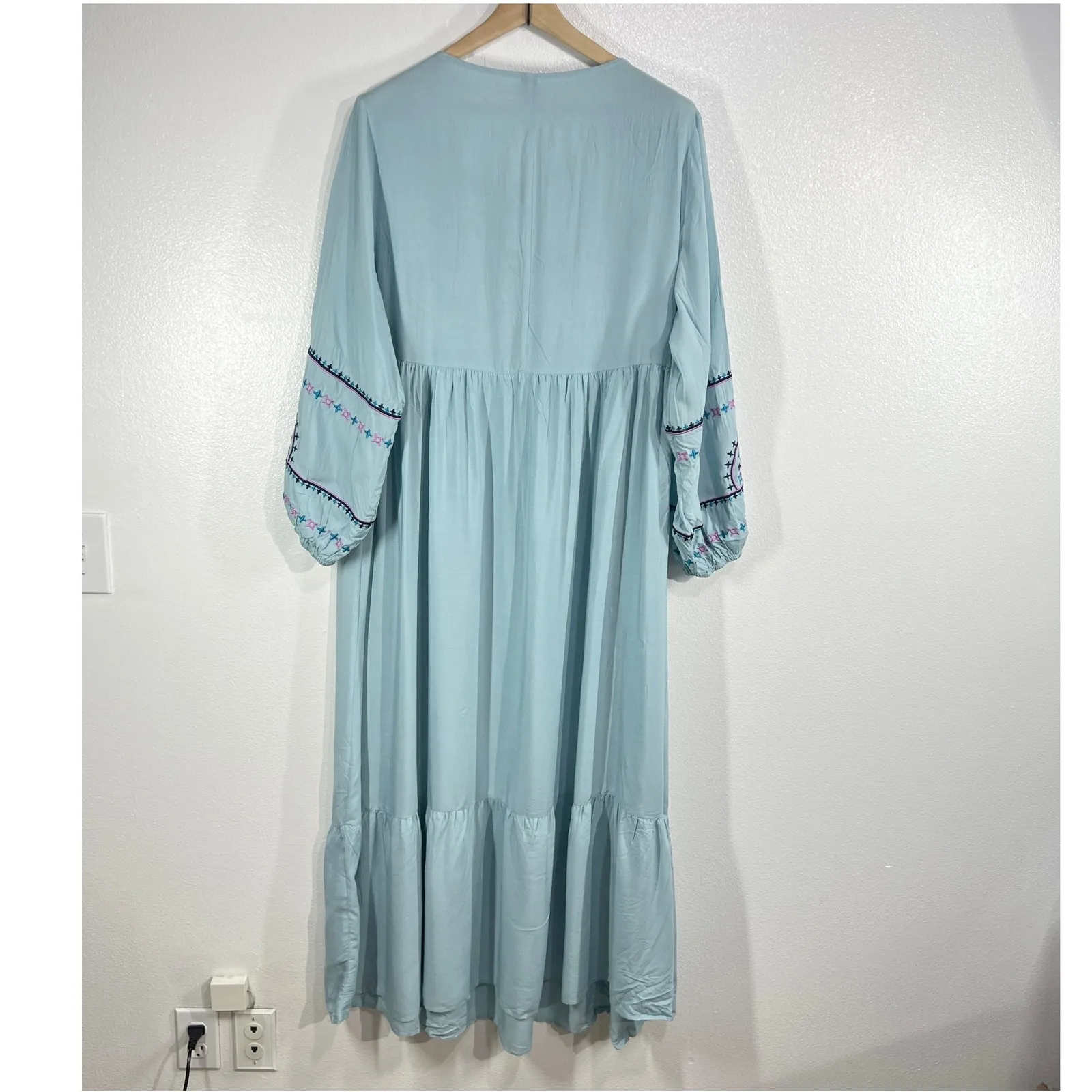 SHEIN CURVE Maxi Dress Boho Embroidered Tiered Blue Long Sleeve 3XL - Image 3