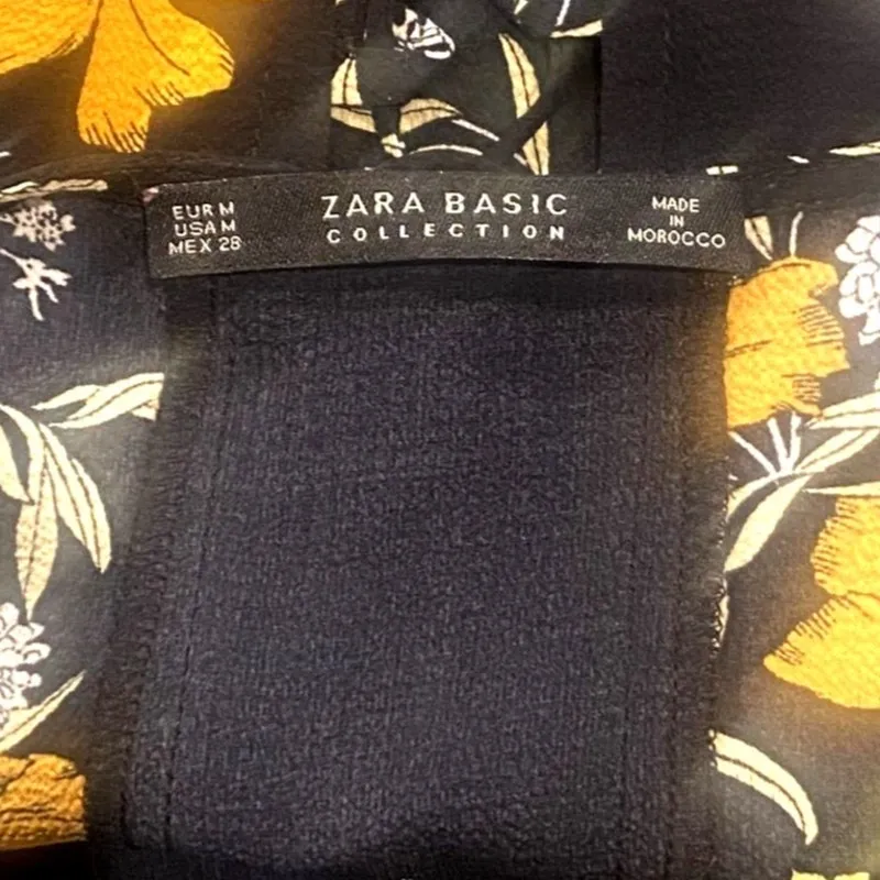 ZARA Floral Lace Up Back Babydoll Midi Stretch Dress Short Sleeve M Black Orange - Image 6