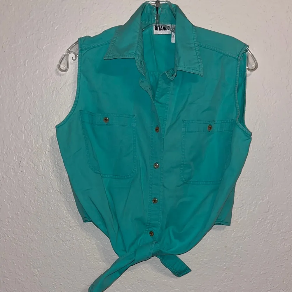 Gitano Teal Sleeveless Top 90s Turquoise Aqua Women's Medium Blue - Image 2