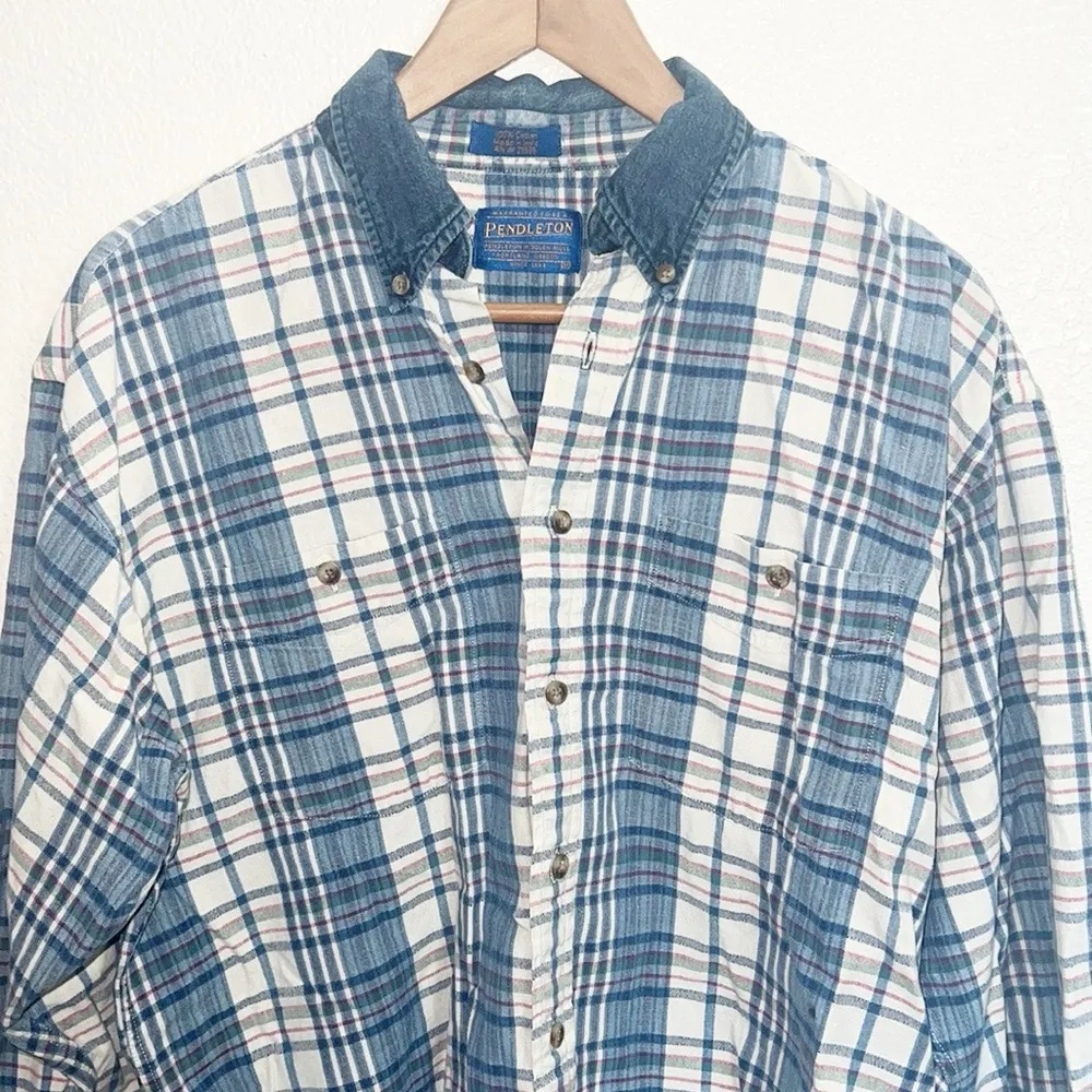 Pendleton Women’s 100% Cotton Blue White Long Sleeve Casual Button Front Shirt - Image 2