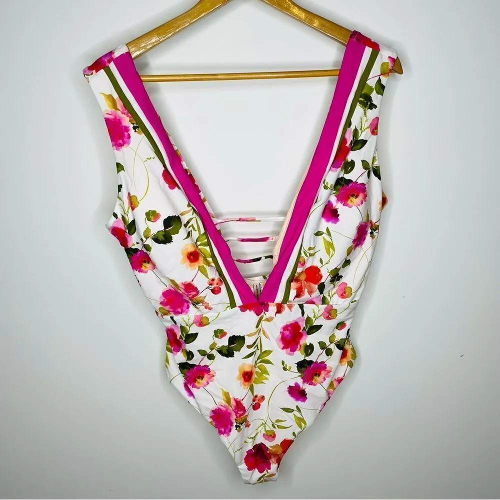 Nanette Lepore Deep‎ Plunge Floral One Piece Swimsuit Swim 14 Flower NEW - Image 3