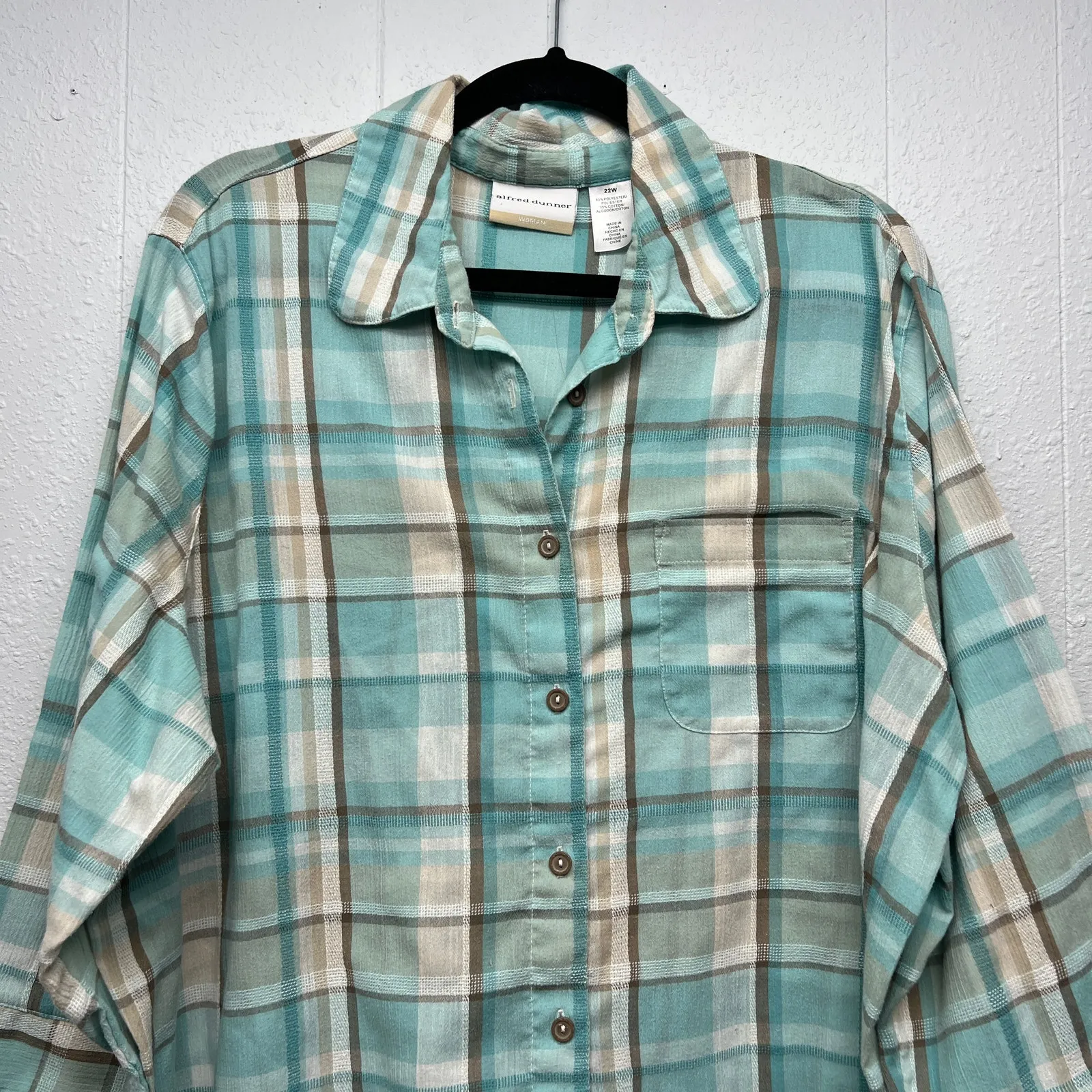 Alfred Dunner Plaid Shirt Womens 22 Button Front Stretch Breathable Barn Cabin Blue Size 22W - Image 3