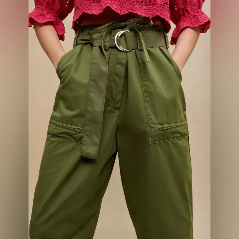 Maje Wide Leg Belted 100% Cotton Green Cargo Pants NWT Skze 36 (US‎ SMALL) - Image 2