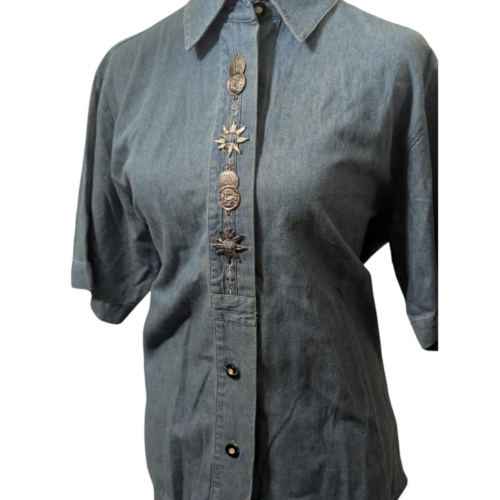 Vintage Grubig Trachten Austrian Denim Shirt Metal Coin Sun Buttons Western L Blue Size L - Image 3