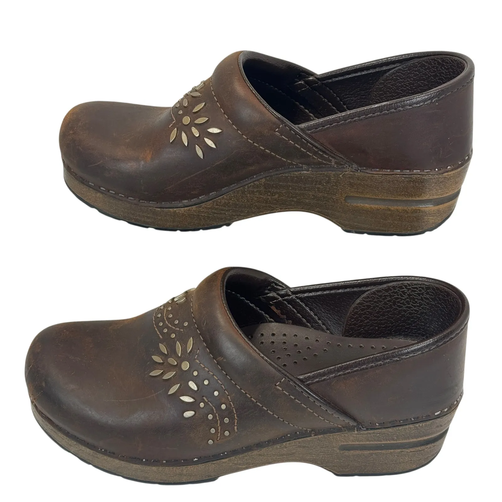 Dansko Patricia Leather Clog Sz 38 Womens Brown Floral Studded Comfort Work Shoe - Image 9