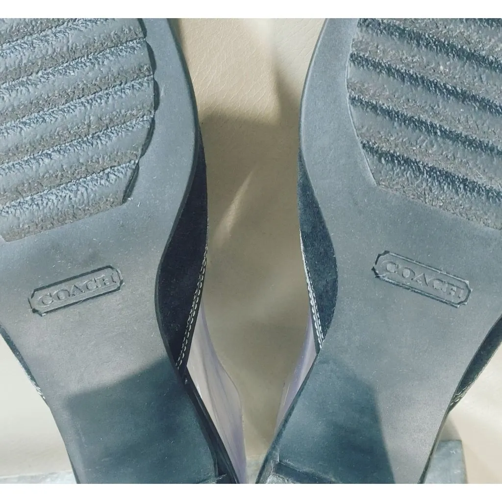 Coach Black Leather Size 7.5 Block Heels Slip On Mules Loafers Iris Suede Square - Image 2