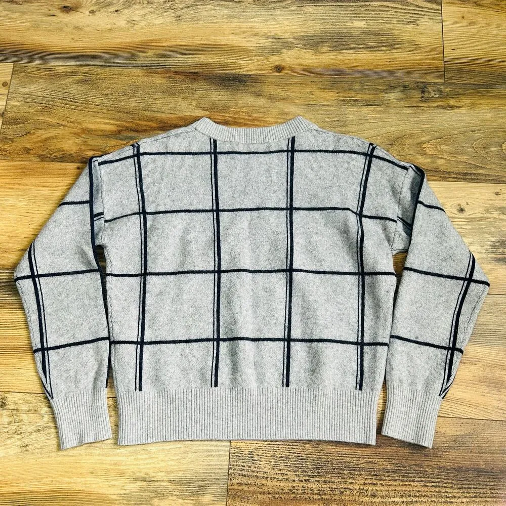 Banana Republic Wool Cashmere Sweater Crewneck Gray Navy Checked Plaid Medium - Image 6