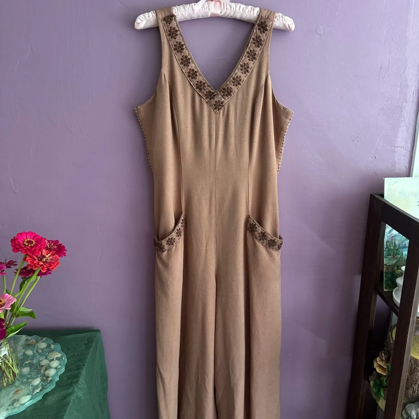 Vintage Wild Rose Warm Brown Wide-Leg Rayon Jumpsuit Boho Chic Coastal Cowgirl - Image 5