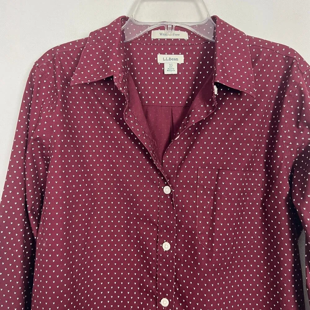 L.L. Bean Shirt Womens XS Cotton Wrinkle Free Heart Print Career Academia Office Red - Image 3