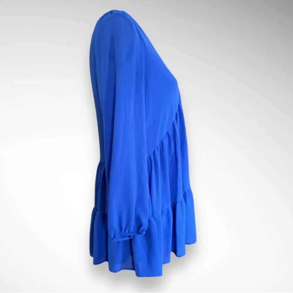 MELLODAY Blue Tiered V-Neck Long Sleeve Babydoll Tunic Mini‎ Dress Small | EUC - Image 3