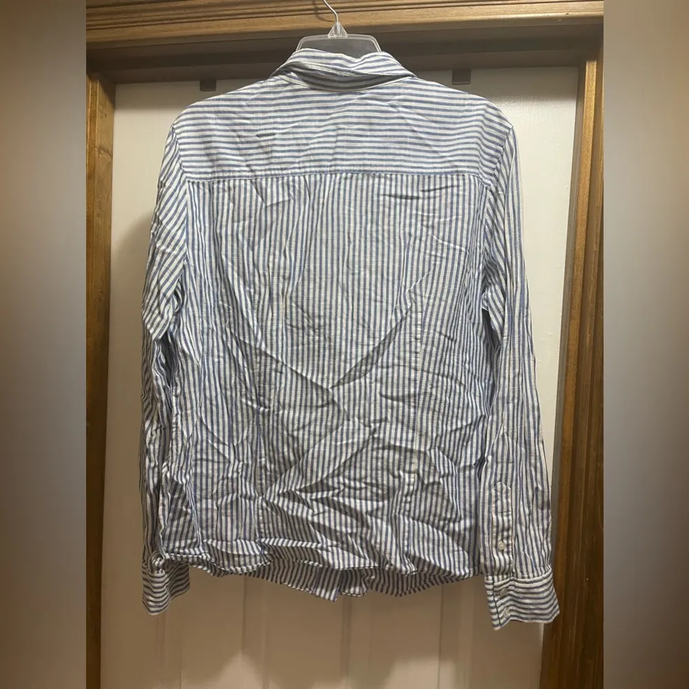 NY and Co blue and white stripe button up with ruffle detail XL OBO - Image 2