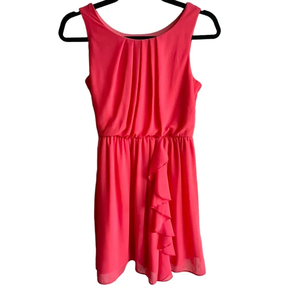 iZ Byer Coral Mini DRESS Juniors Size 14 Pink Orange Pleated Ruffled Sleeveless - Image 9