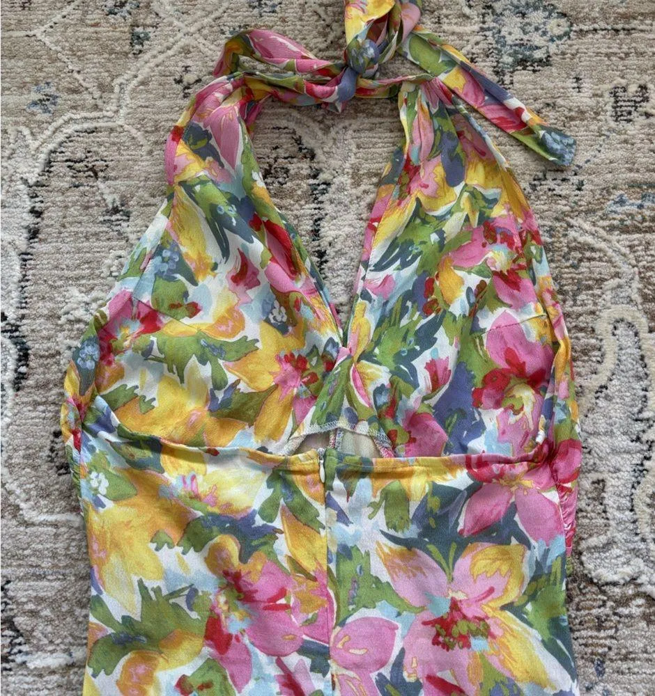 Lucy Paris Michaela Halter or V-Neck Dress Pink Yellow Blue Floral Size Small - Image 7
