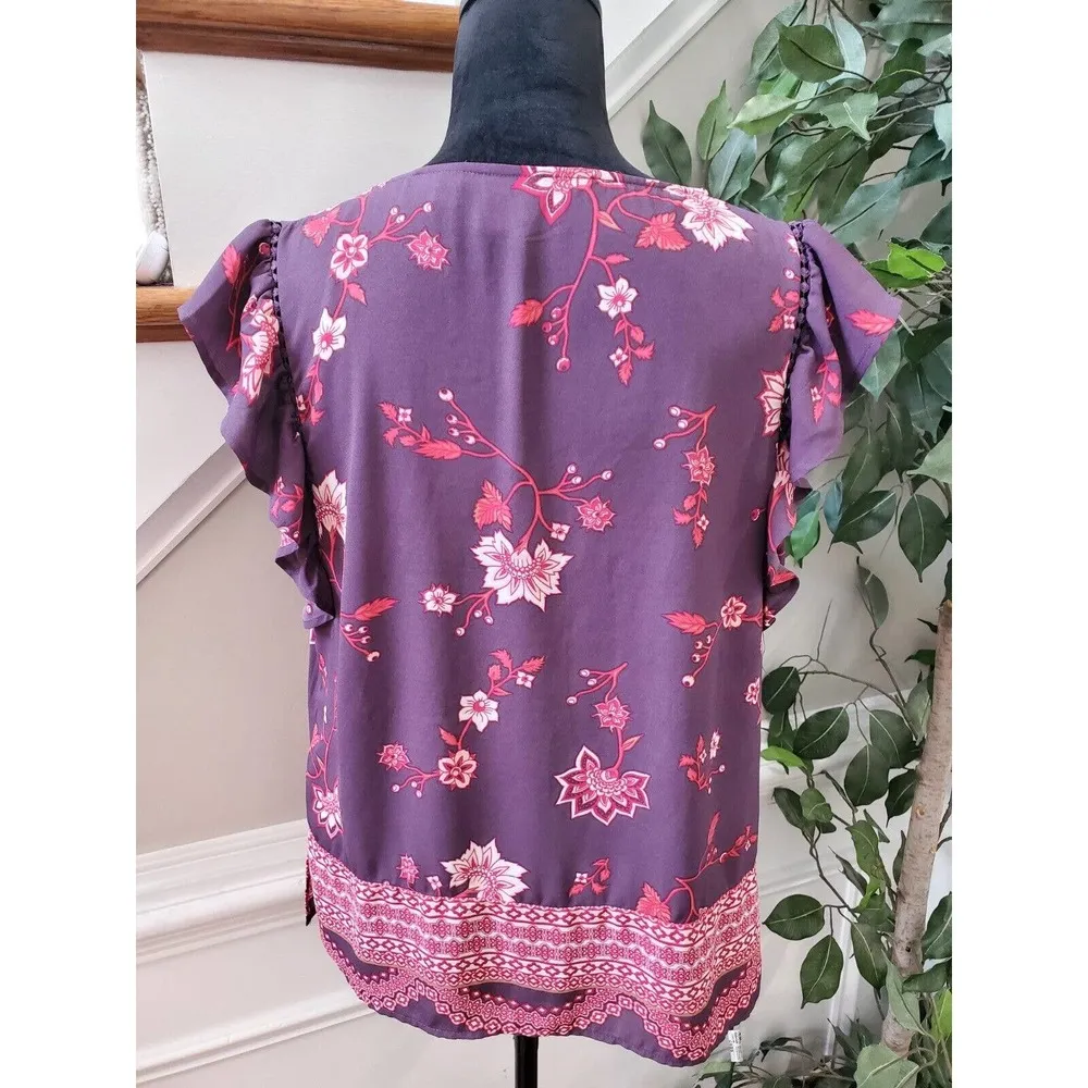SOHO Womens Purple Floral Polyester Round Neck Short Sleeve Top Blouse Size M - Image 6