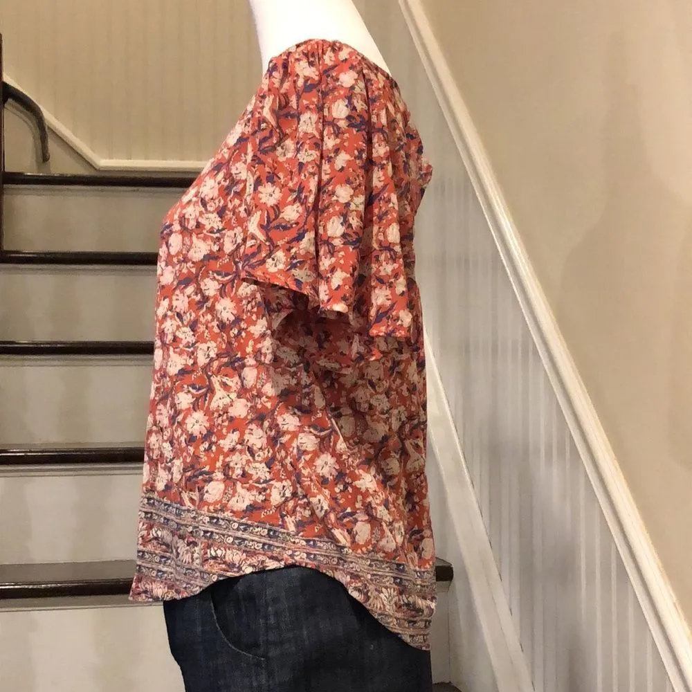 LUCKY BRAND Flutter Sleeve Rust, Navy, Ivory Floral Shirt With Floral Hem Sz SM - Image 3