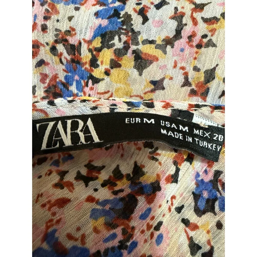 Zara Multicolor Long Puff Sleeve V-Neck Ruffle Cutout A Line Maxi Dress Size M - Image 4