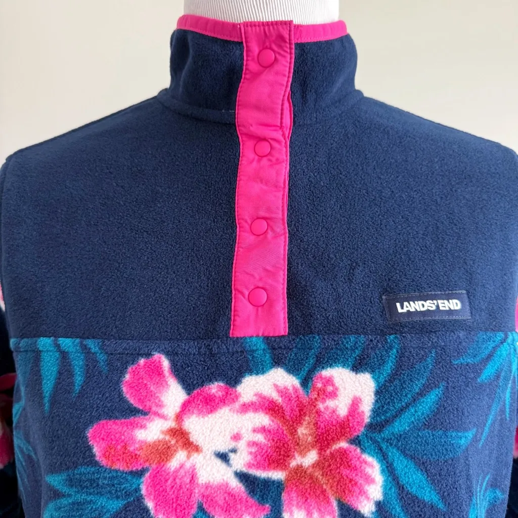 Lands’ End Quarter Snap Fleece Pullover Floral Tropical Flowers Womens Small - Image 2