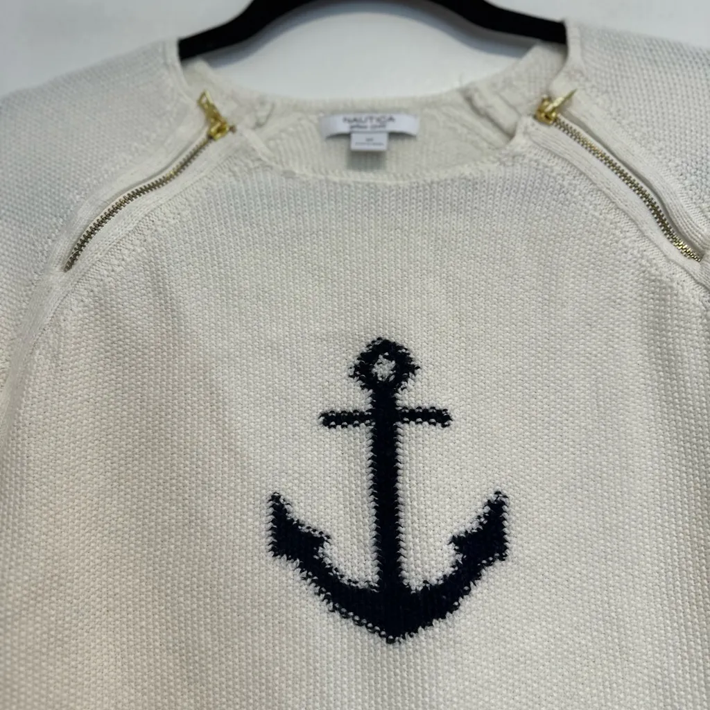 Nautica Womens Sz: M Waffle Knit Preppy Nautical Top Blue Anchor Zipper Accent. - Image 10