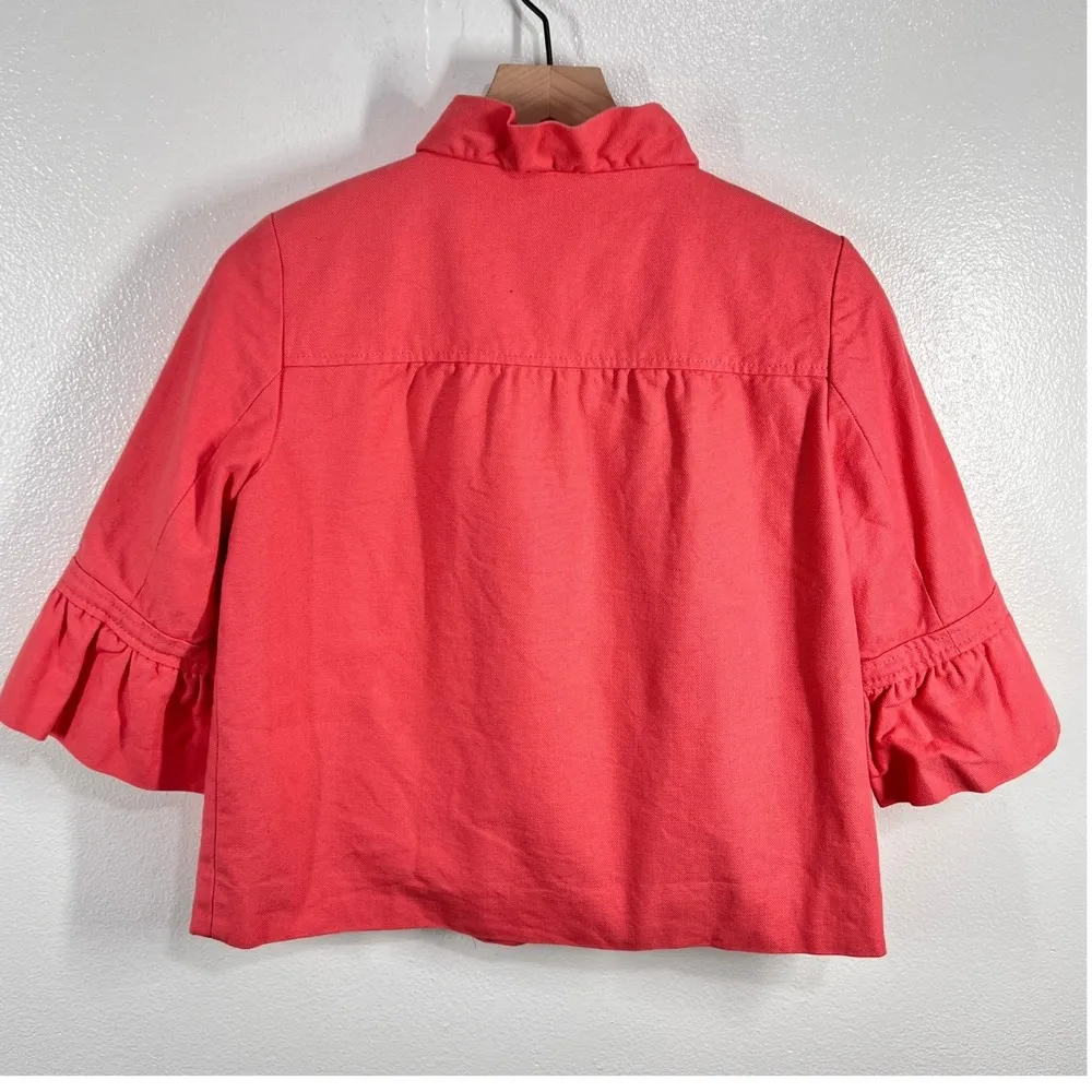 J.Crew Ruffle Jacket Cropped 3/4 Sleeve Button Front Coral Pink Size 6 Statement - Image 2
