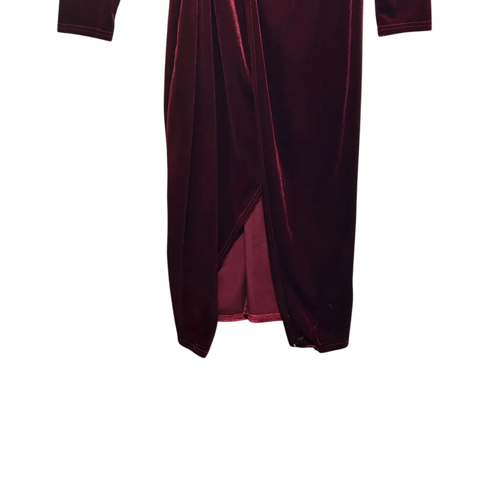 Nashalyly Women Velvet Wrap Dress M Burgundy Long Sleeve Front Slit Luxe Holiday Red Size L - Image 5