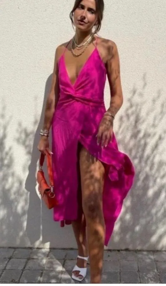 ZARA WOMAN MIDI DRESS WITH STRAPS Knot Ruching FUCHSIA PINK Size XS - Image 4